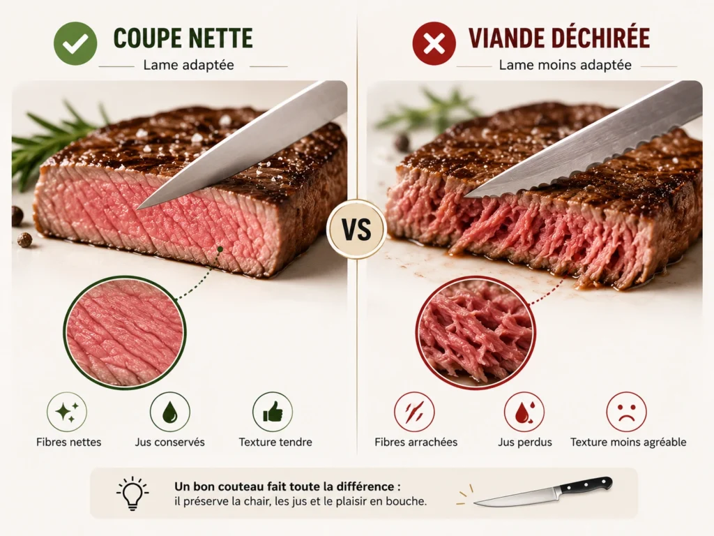 Une infographie comparative présentant trois types de tranchants pour un couteau à steak avec la lame lisse pour les viandes tendres, la lame dentelée pour les croûtes ou pièces marinées et la lame micro-dentée pour un confort quotidien sur toutes les viandes.
