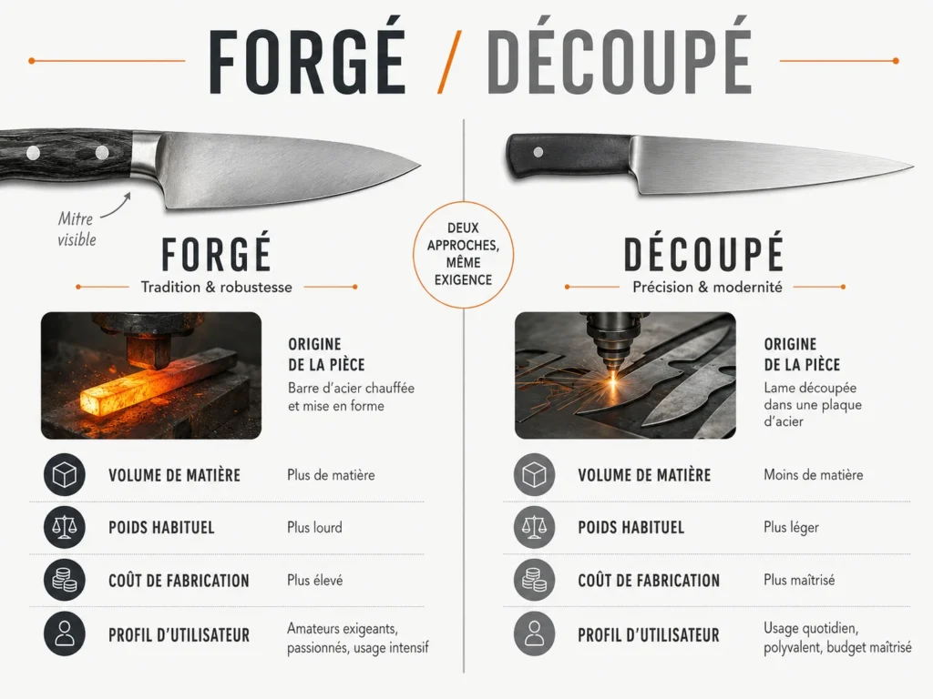 Tableau comparatif intitulé "Forgé / Découpé : deux approches, même exigence". À gauche, la section sur le couteau forgé montre une barre d'acier chauffée mise en forme, indiquant qu'il possède plus de matière, un poids plus lourd, un coût plus élevé, et s'adresse aux amateurs exigeants ou pour un usage intensif. À droite, la section sur le couteau découpé présente une lame découpée au laser dans une plaque d'acier, avec moins de matière, un poids plus léger, un coût maîtrisé, et convient pour un usage quotidien polyvalent.