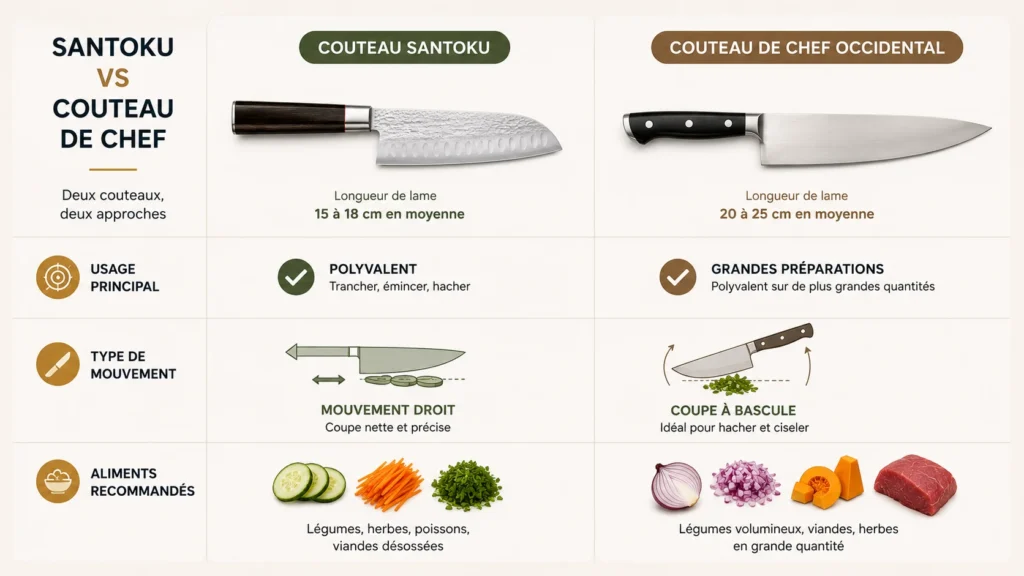 Une infographie comparative complète intitulée "Santoku VS Couteau de Chef : Deux couteaux, deux approches". Le tableau oppose point par point le couteau Santoku et le couteau de chef occidental. À gauche, le Santoku présente une lame martelée de 15 à 18 cm, idéale pour trancher, émincer et hacher d'un mouvement droit et précis, particulièrement recommandé pour les légumes, les herbes, les poissons et les viandes désossées. À droite, le couteau de chef affiche une lame plus longue de 20 à 25 cm, conçue pour les grandes préparations grâce à un mouvement de coupe à bascule, parfait pour travailler les légumes volumineux, les viandes et les herbes en grande quantité.