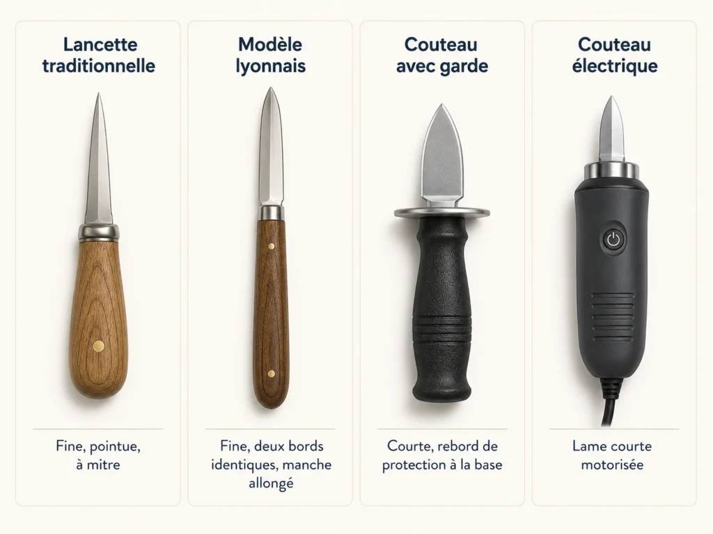 Infographie comparative présentant quatre types de couteaux à huîtres : la lancette traditionnelle (fine, pointue, à mitre), le modèle lyonnais (fine, deux bords identiques, manche allongé), le couteau avec garde (courte avec un rebord de protection) et le couteau électrique (lame courte motorisée).