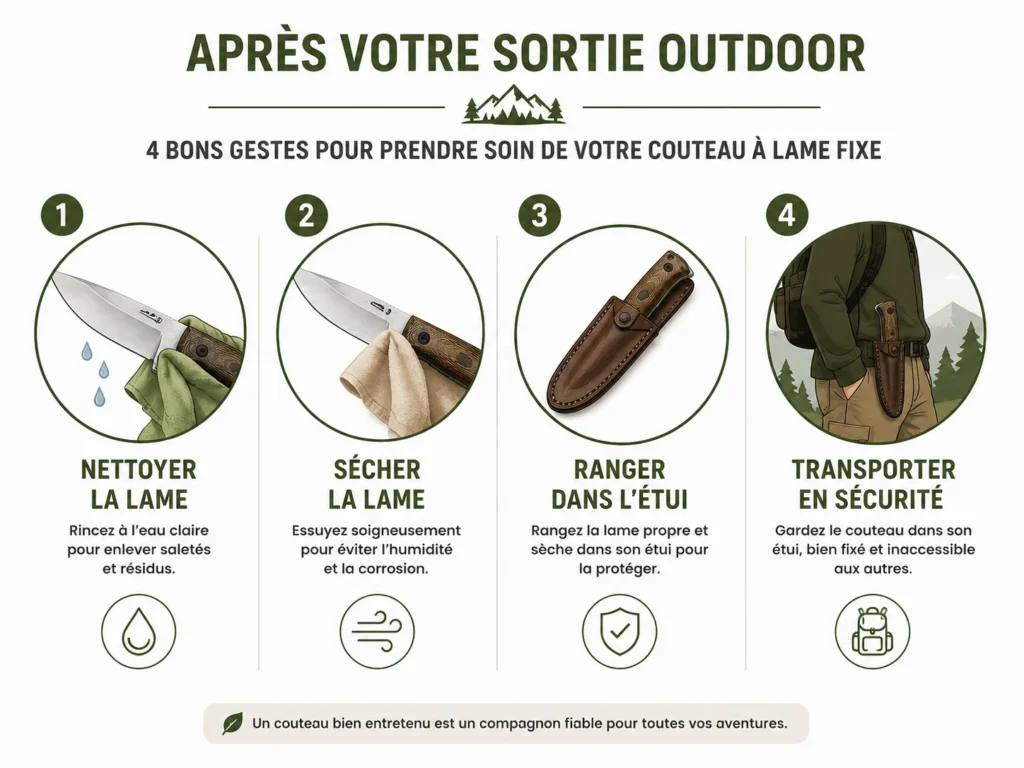 Une infographie didactique détaillant quatre étapes pour entretenir un couteau à lame fixe comprenant le nettoyage de la lame à l'eau claire le séchage minutieux avec un chiffon le rangement dans son étui en cuir et le transport sécurisé à la ceinture.