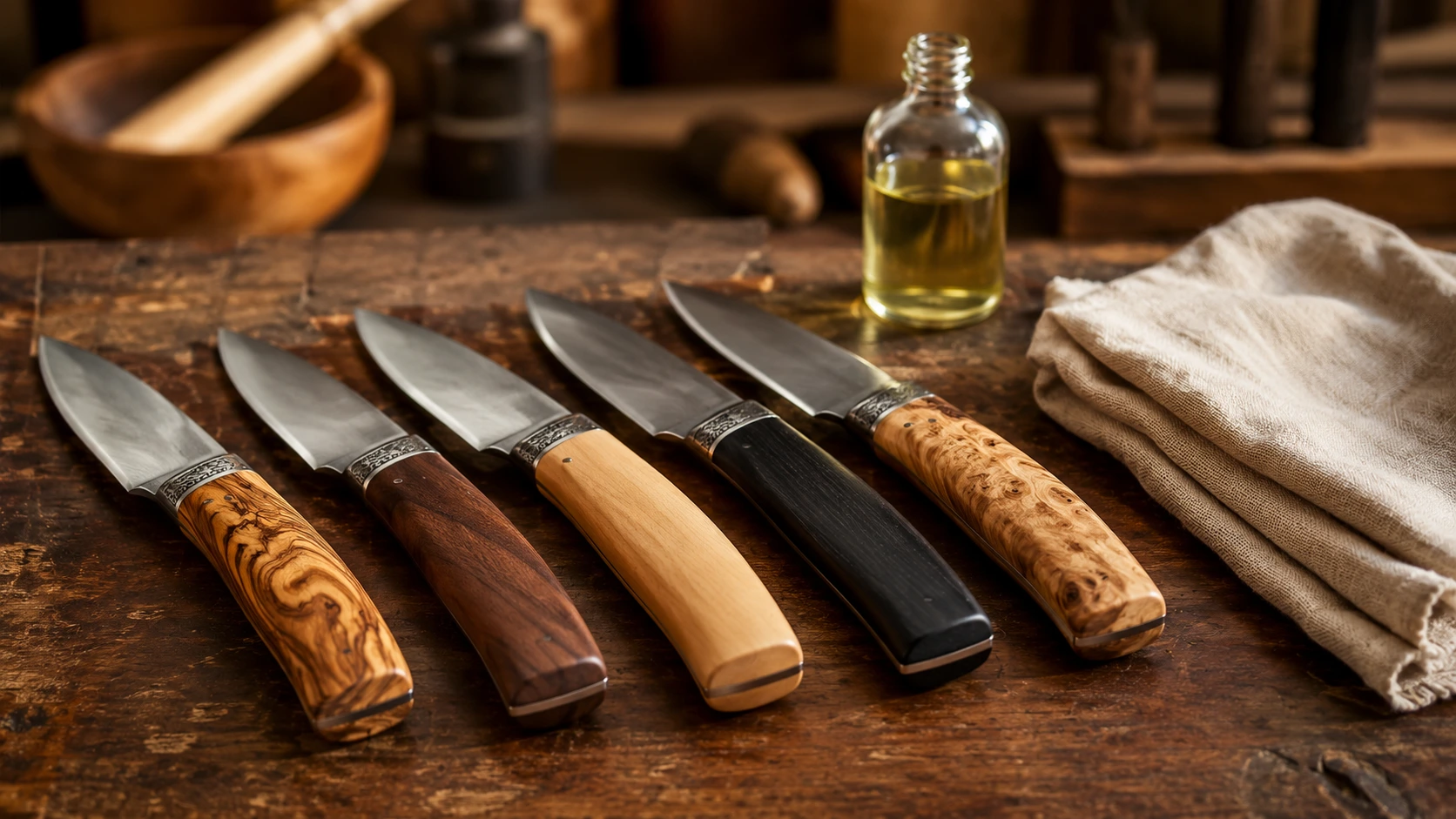 Cinq couteaux artisanaux alignés sur un établi, mettant en valeur différents types de manches en bois. Un flacon d'huile de soin et un chiffon de nettoyage apparaissent en arrière-plan.