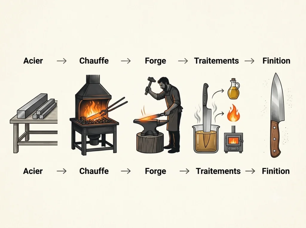 Schéma illustrant les 5 étapes de fabrication d'un couteau forgé : 1. Acier (barres brutes sur une table) ; 2. Chauffe (lame dans une forge ardente) ; 3. Forge (artisan martelant le métal incandescent sur une enclume) ; 4. Traitements (trempe de la lame dans un bain d'huile et revenu thermique) ; 5. Finition (le couteau de cuisine finalisé avec son manche en bois).