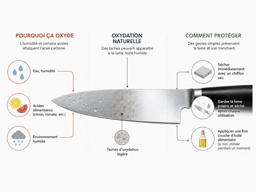 Infographie expliquant le processus d'oxydation d'un couteau en acier carbone et comment le protéger. À gauche, les causes : l'eau, l'humidité, un environnement humide et les acides alimentaires (citron, tomate). Au centre, l'apparition de taches d'oxydation légère. À droite, les conseils de protection : sécher immédiatement avec un chiffon sec, garder la lame propre et sèche, et appliquer une fine couche d'huile alimentaire.