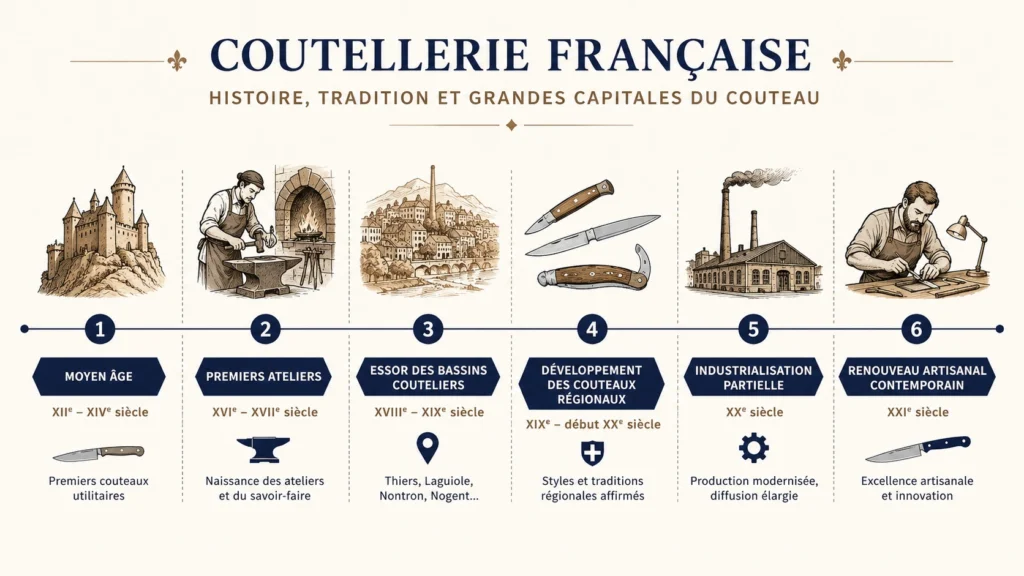 Une frise chronologique illustrant l'histoire de la coutellerie française à travers six grandes époques majeures qui vont du Moyen Âge avec les premiers couteaux utilitaires jusqu'au renouveau artisanal contemporain en passant par l'essor des grands bassins traditionnels.