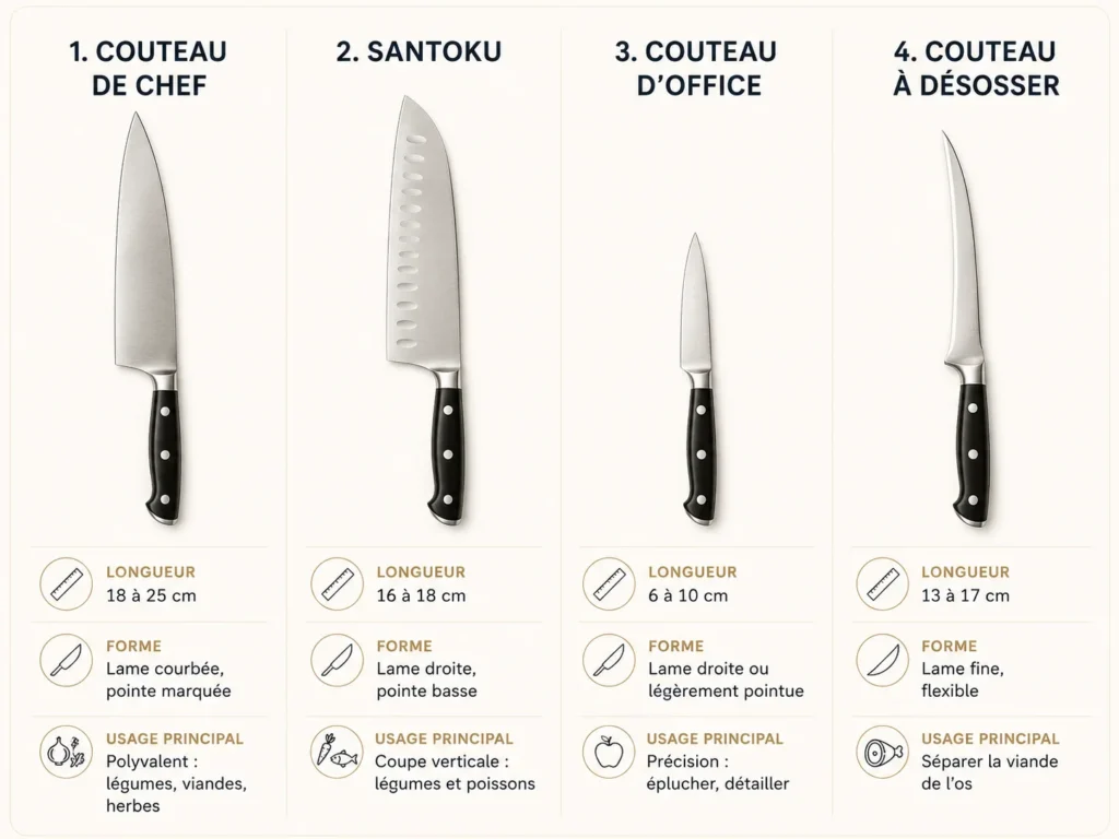 Un guide visuel comparant quatre couteaux de cuisine indispensables, présentés verticalement avec leurs caractéristiques de longueur, de forme et d'usage. Le premier est le couteau de chef (18 à 25 cm, lame courbée et polyvalente pour viandes et légumes). Le deuxième est le Santoku (16 à 18 cm, lame droite à pointe basse pour la coupe verticale des poissons et légumes). Le troisième est le couteau d'office (6 à 10 cm, petite lame de précision pour éplucher et détailler). Le quatrième est le couteau à désosser (13 à 17 cm, lame fine et flexible pour séparer la viande de l'os).