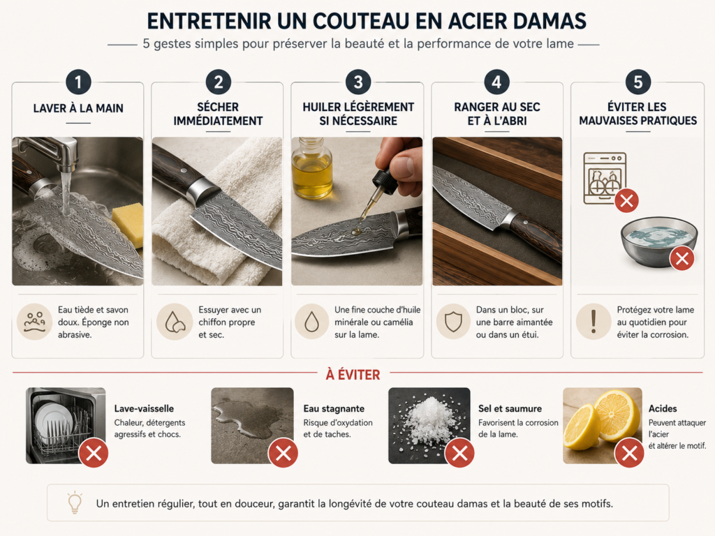 Une infographie pédagogique présentant cinq gestes simples pour entretenir un couteau en acier Damas avec des illustrations pour le lavage à la main, le séchage immédiat, l'application d'une fine couche d'huile, le rangement au sec ainsi qu'une section détaillant les pratiques à éviter comme le lave vaisselle et le contact avec les acides