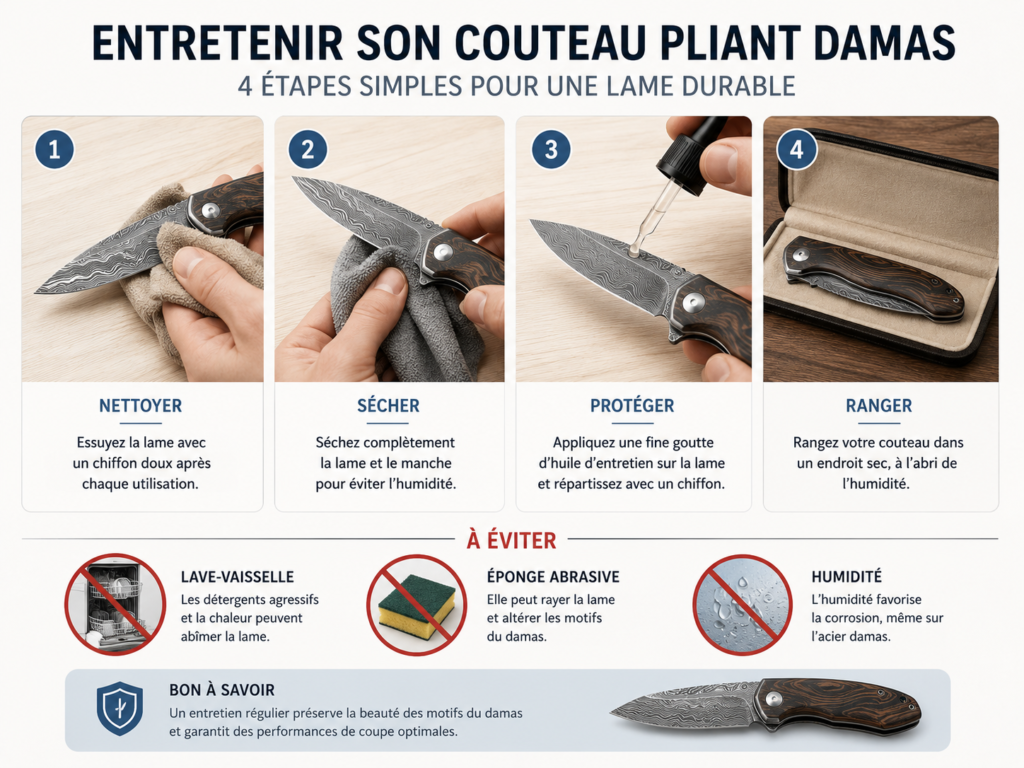 Infographie intitulée "Entretenir son couteau pliant damas" présentant un guide en 4 étapes : 1. Nettoyer la lame avec un chiffon doux ; 2. Sécher complètement pour éviter l'humidité ; 3. Protéger en appliquant une goutte d'huile d'entretien ; 4. Ranger dans un endroit sec (étui). La partie inférieure liste les erreurs à éviter : le lave-vaisselle, l'éponge abrasive et l'humidité qui favorise la corrosion.