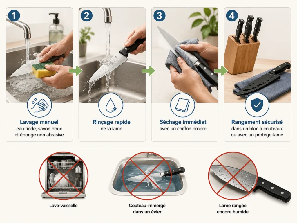Infographie illustrant les bonnes pratiques de nettoyage d'un couteau en acier inoxydable en 4 étapes : 1. Lavage manuel (eau tiède, savon doux, éponge non abrasive) ; 2. Rinçage rapide ; 3. Séchage immédiat avec un chiffon propre ; 4. Rangement sécurisé (bloc ou protège-lame). En bas, trois pictogrammes d'interdiction signalent les erreurs à éviter : le lave-vaisselle, laisser le couteau immergé dans l'évier et ranger la lame encore humide.