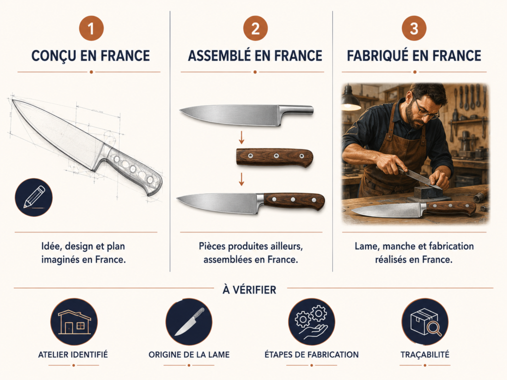 Schéma détaillant les étapes de fabrication d'un couteau français et les points de contrôle essentiels comme la traçabilité et l'origine de la lame.