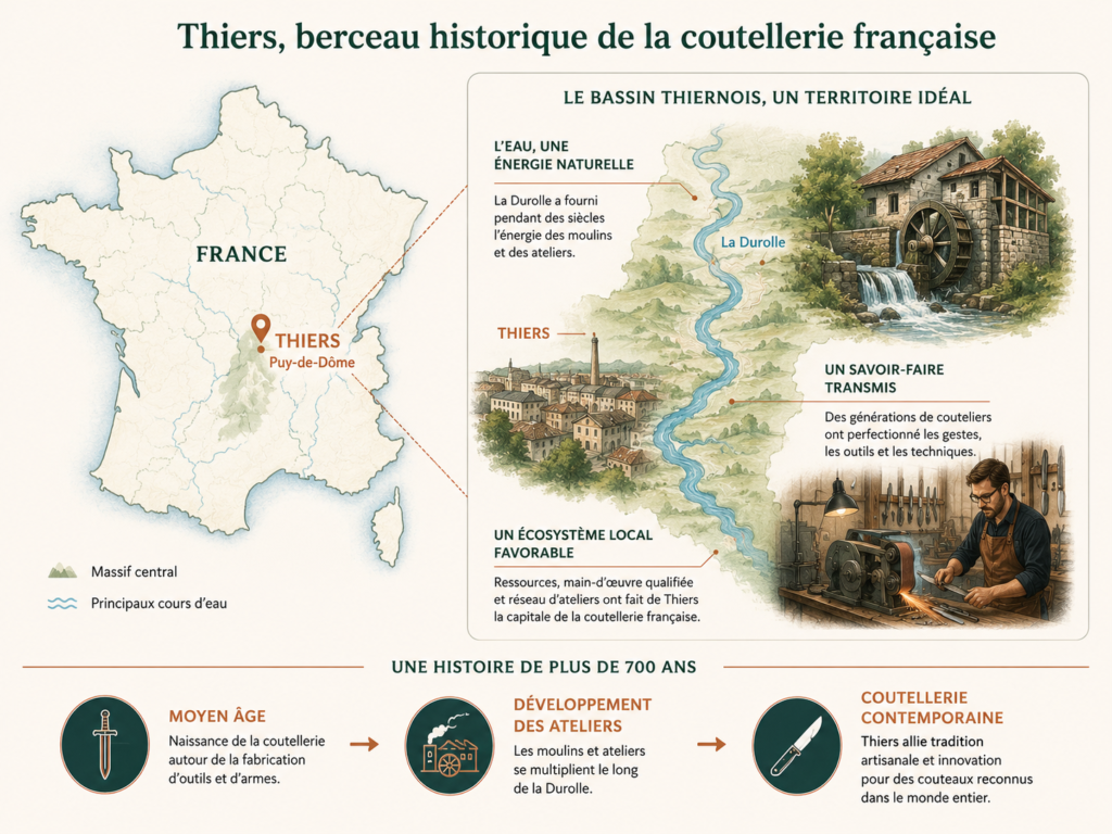 Carte et illustrations expliquant l'écosystème local du bassin thiernois avec ses moulins, ses ateliers de couteliers et l'évolution de la fabrication des couteaux.