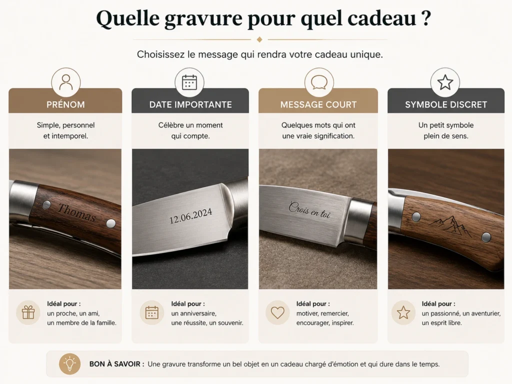 Une infographie présentant quatre idées d'inscriptions pour un couteau personnalisé et gravé avec un prénom sur le manche, une date importante sur la lame, un message court d'encouragement ou un symbole discret de montagnes.