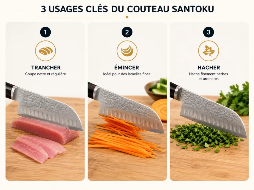 Une infographie pratique intitulée "3 usages clés du couteau Santoku" qui illustre la polyvalence de cette lame japonaise sur une planche en bois. À gauche, l'étape 1 montre le couteau coupant des tranches nettes et régulières de poisson cru. Au centre, l'étape 2 le montre en train d'émincer des carottes en julienne fine. À droite, l'étape 3 illustre le couteau qui hache finement un bouquet d'herbes aromatiques fraîches.