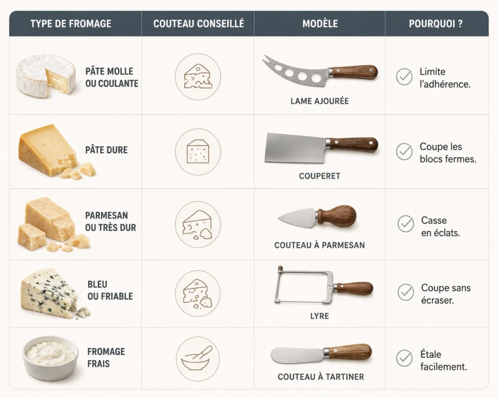 Une infographie présentant les différents types de couteaux à fromage adaptés à chaque texture avec une lame ajourée pour la pâte molle, un couperet pour la pâte dure, un couteau à parmesan une lyre pour le bleu et un couteau à tartiner pour le fromage frais