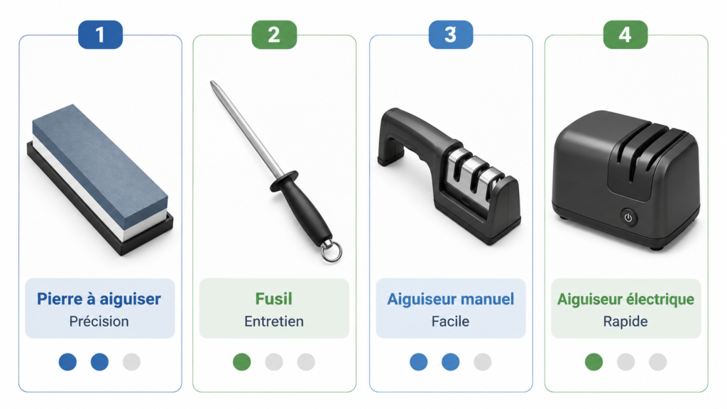 Les outils d’aiguisage les plus utilisés : pierre, fusil, aiguiseur manuel et électrique