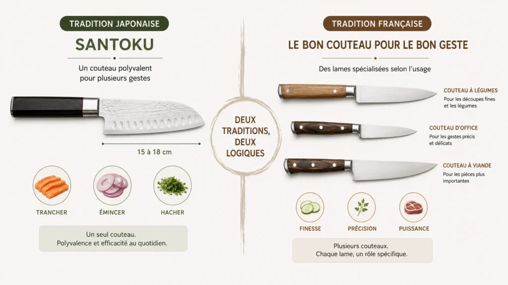 Une infographie comparative qui oppose les philosophies coutelières du Japon et de la France. À gauche, la "Tradition japonaise" met en avant un unique couteau Santoku de 15 à 18 cm, symbole de polyvalence au quotidien pour trancher, émincer et hacher. À droite, la "Tradition française" défend l'idée "le bon couteau pour le bon geste" avec un trio de lames spécialisées aux manches en bois clair et foncé : un couteau à légumes pour la finesse, un couteau d'office pour les gestes délicats et un couteau à viande pour la puissance.