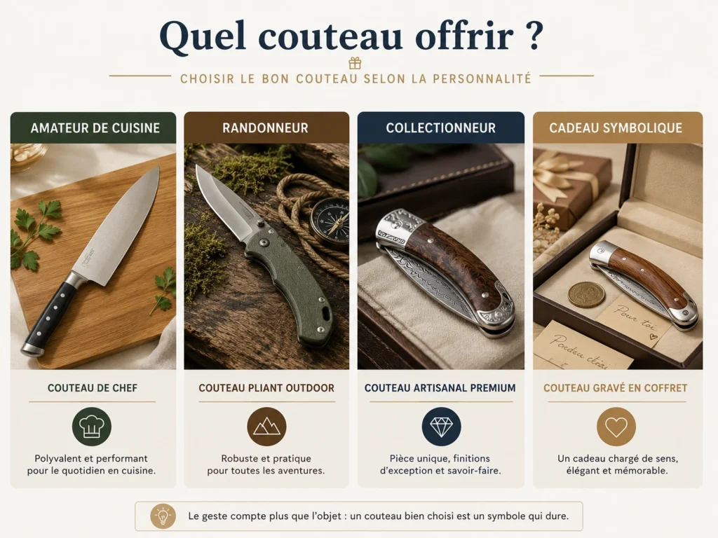Une infographie présentant quatre suggestions de cadeaux avec un couteau de chef pour l'amateur de cuisine un couteau pliant outdoor pour le randonneur un couteau artisanal premium pour le collectionneur et un couteau gravé en coffret pour un cadeau symbolique