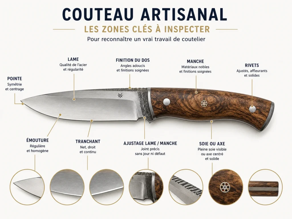 Une infographie pédagogique haut de gamme détaillant comment reconnaître le travail d'un coutelier d'art à travers l'inspection de la pointe, de l'émouture, du tranchant, de l'ajustage, de la finition, du dos du manche, des rivets et de la soie pleine.