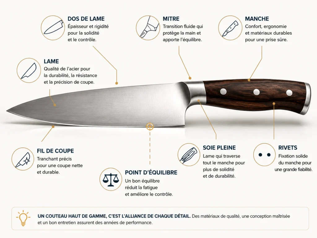 Une infographie détaillée présentant l'anatomie d'un couteau de cuisine haut de gamme avec des légendes explicatives sur le rôle de la lame, du dos du fil de coupe, de la mitre, de la soie pleine, des rivets et du manche en bois sombre.