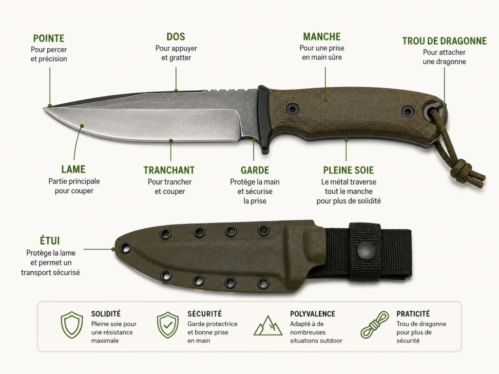 Une infographie didactique détaillant l'anatomie d'un couteau de survie avec sa pointe sa lame son dos son tranchant sa garde son manche en polymère vert sa structure pleine soie son trou de dragonne et son étui rigide assorti.