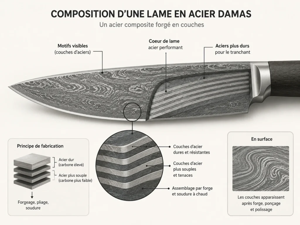 Une infographie technique expliquant la composition d'une lame en acier Damas avec une vue en coupe dévoilant la superposition de couches d'aciers durs à haute teneur en carbone et d'aciers plus souples assemblés par forgeage et soudure à chaud.