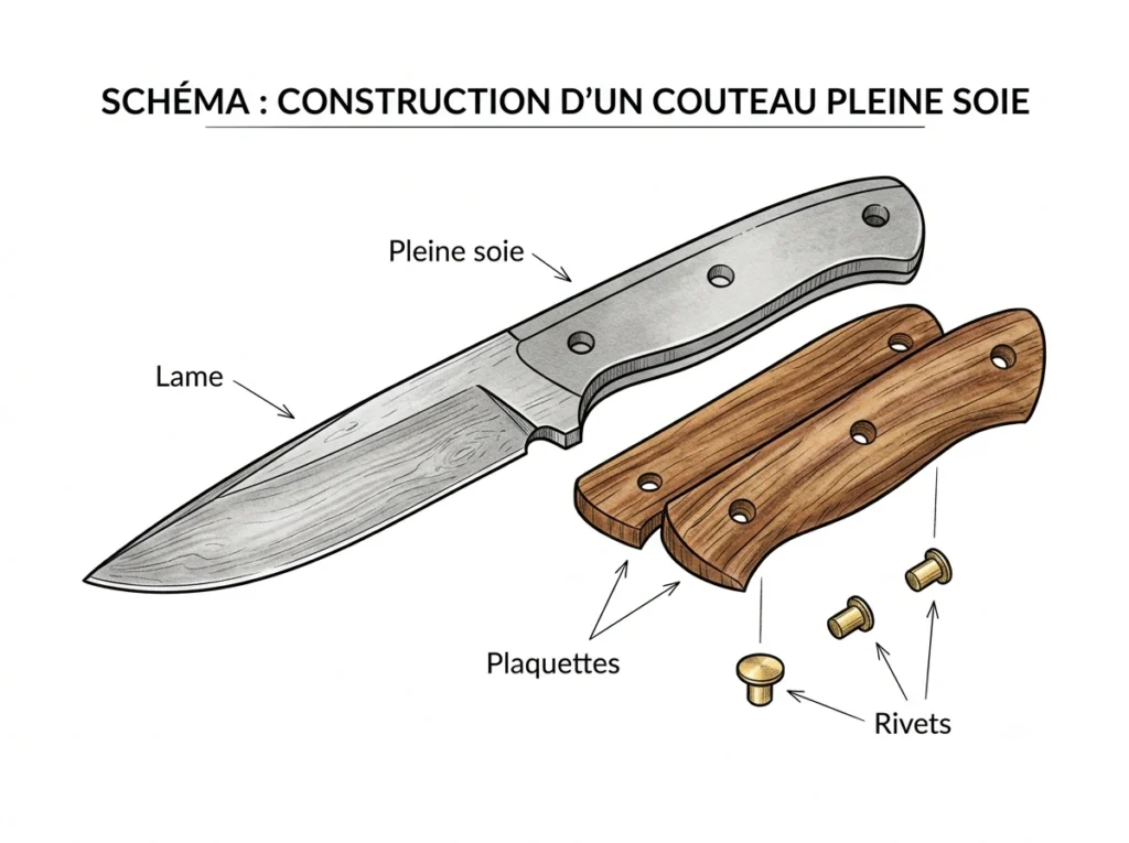 Un schéma technique et artisanal présentant l'assemblage éclaté d'un couteau à lame fixe pleine soie avec des flèches indiquant la lame le prolongement de l'acier dans le manche les deux plaquettes en bois veiné et les trois rivets de fixation en laiton