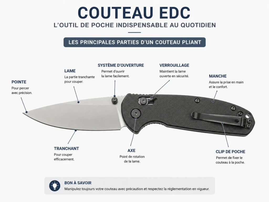 Schéma montrant les principales parties d’un couteau EDC pliant : lame, manche, axe, verrouillage et clip.