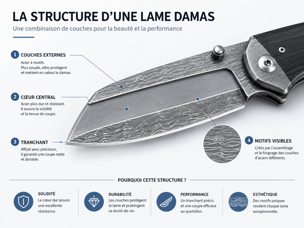 Infographie présentant la structure d'une lame en acier Damas. Le schéma met en évidence les couches externes souples à motifs, le cœur central en acier dur pour la solidité, le tranchant affûté avec précision, et les motifs visibles nés du forgeage. Les avantages soulignés sont la solidité, la durabilité, la performance et l'esthétique unique.