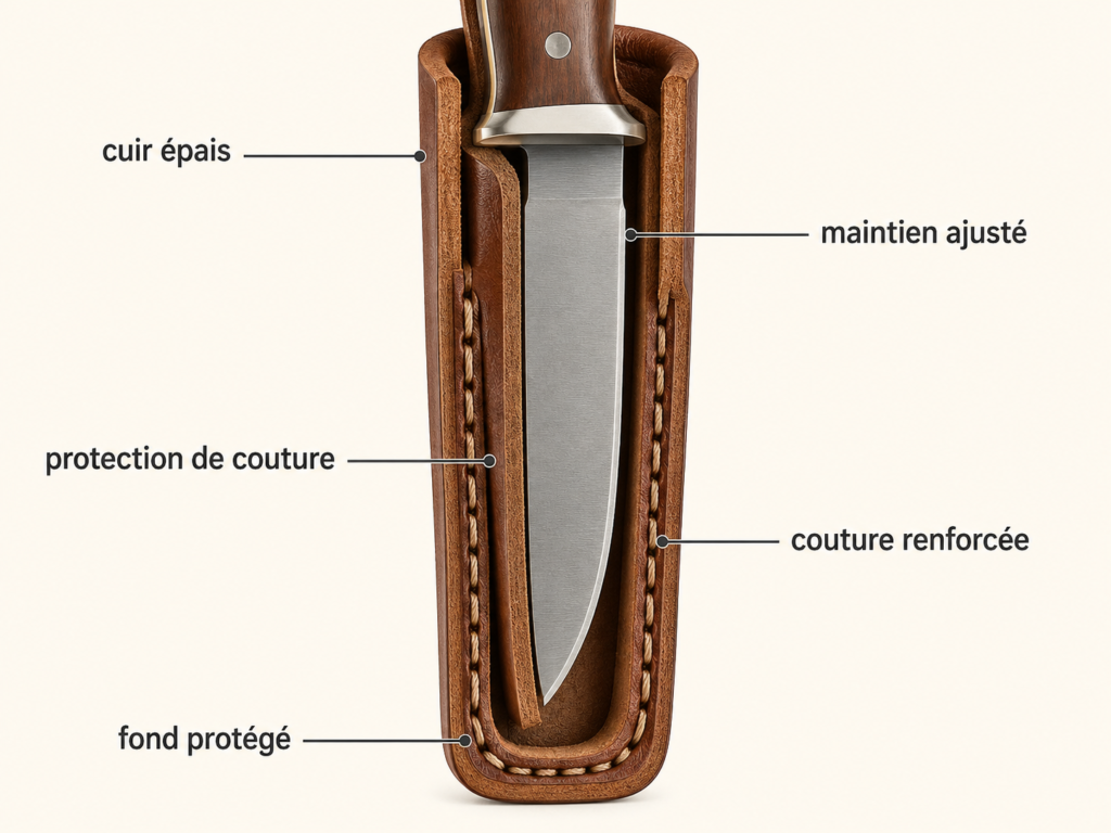 Schéma en coupe d'un étui en cuir pour couteau montrant les détails techniques : cuir épais, maintien ajusté, protection de couture, couture renforcée et fond protégé.