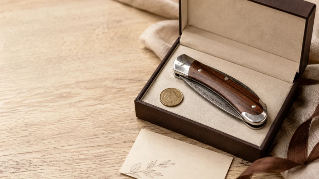 Un couteau pliant haut de gamme doté d'un manche en bois précieux et d'une lame présenté dans un coffret de luxe ouvert à côté d'une petite pièce de monnaie traditionnelle et d'une carte de vœux