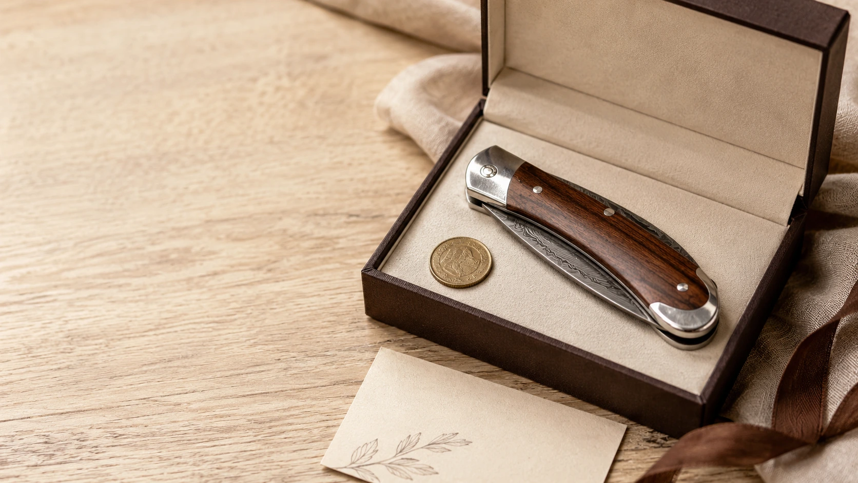 Un couteau pliant haut de gamme doté d'un manche en bois précieux et d'une lame présenté dans un coffret de luxe ouvert à côté d'une petite pièce de monnaie traditionnelle et d'une carte de vœux