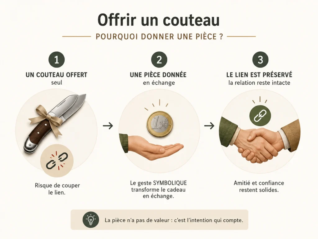 Une infographie explicative en trois étapes montrant qu'offrir un couteau seul risque de couper le lien alors que donner une pièce en échange préserve la relation de confiance et d'amitié