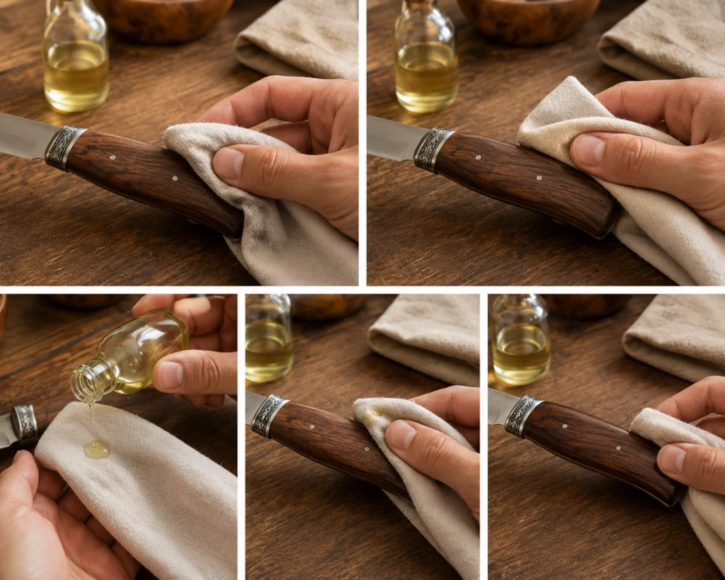 Guide en plusieurs images montrant les étapes pour entretenir un manche en bois de couteau : d'abord le nettoyage et l'essuyage du manche avec un chiffon sec, puis l'application de quelques gouttes d'huile d'entretien sur le tissu, suivie du frottement doux sur le bois pour faire pénétrer le produit et nourrir la matière.