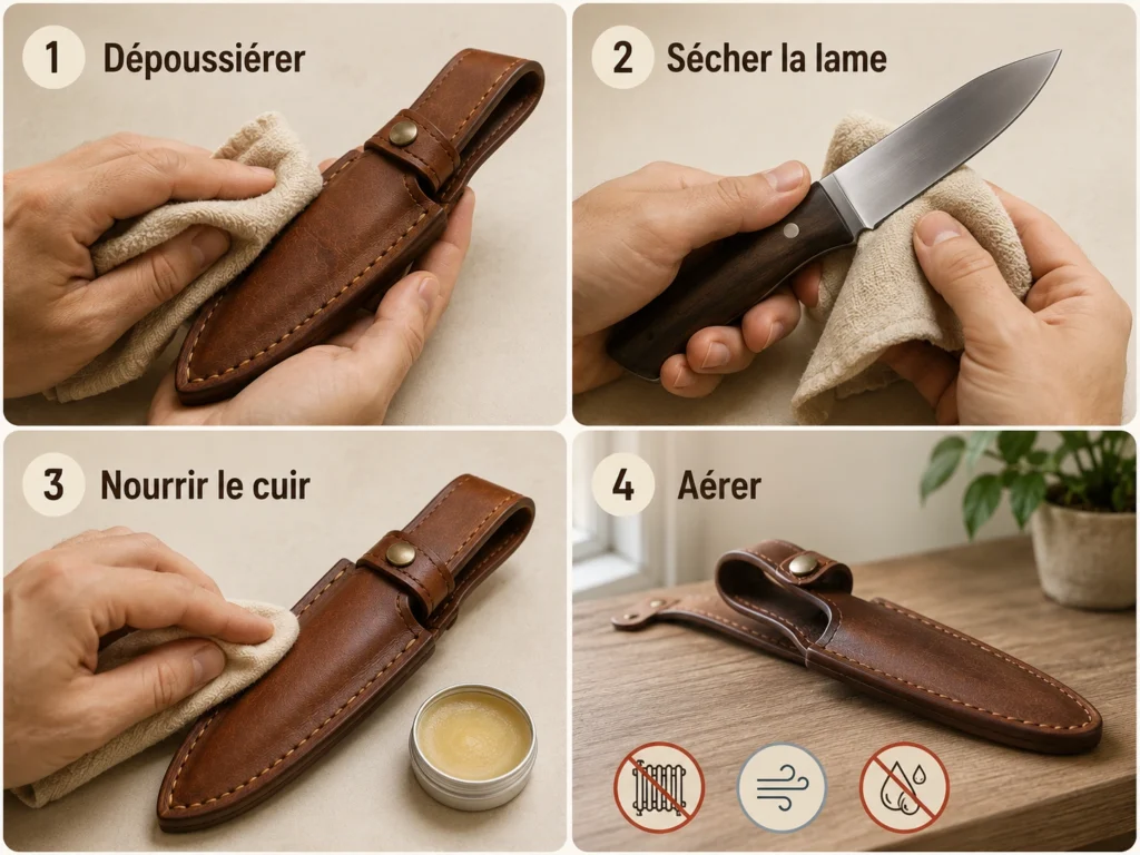 Guide visuel montrant comment nettoyer un étui en cuir marron et sécher la lame d'un couteau artisanal à l'aide d'un chiffon et d'une cire protectrice.