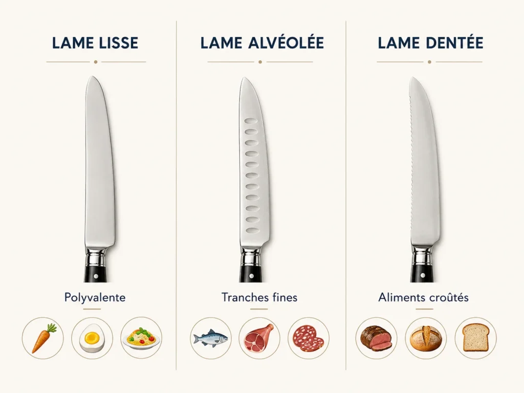 Infographie comparative présentant trois types de lames pour les couteaux de table et leurs usages lors des repas. À gauche, la lame lisse, polyvalente pour les légumes, les œufs et les plats du quotidien. Au centre, la lame alvéolée pour couper des tranches fines de poisson ou de charcuterie à table. À droite, la lame dentée, idéale pour les aliments croûtés comme les rôtis, le pain ou les viandes grillées.