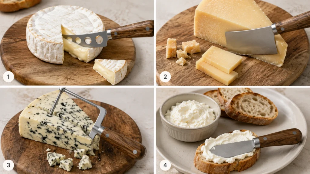 Une image divisée en quatre étapes numérotées montrant l'utilisation des différents types de couteaux à fromage avec une lame ajourée coupant un camembert, un couperet coupant un bloc de parmesan, une lyre découpant un fromage bleu et un couteau à tartiner étalant du fromage frais sur du pain.
