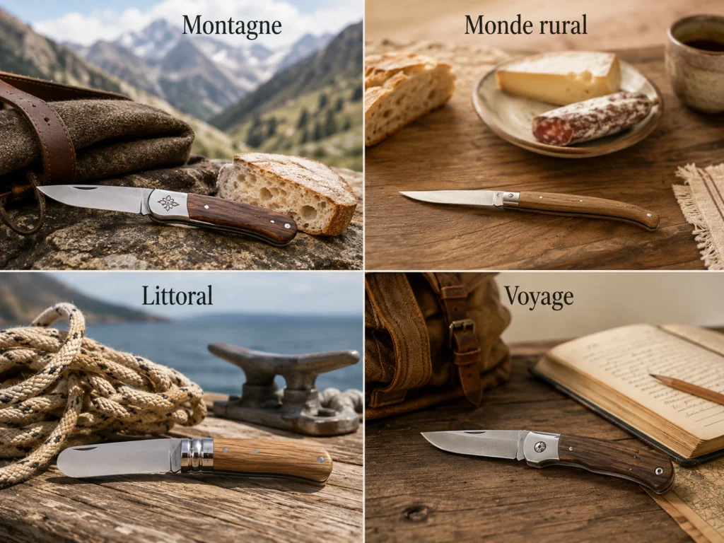 Infographie en quatre volets illustrant l'usage des couteaux régionaux selon différents univers comme la montagne, le monde rural, le littoral et le voyage avec des mises en situation de couteaux traditionnels