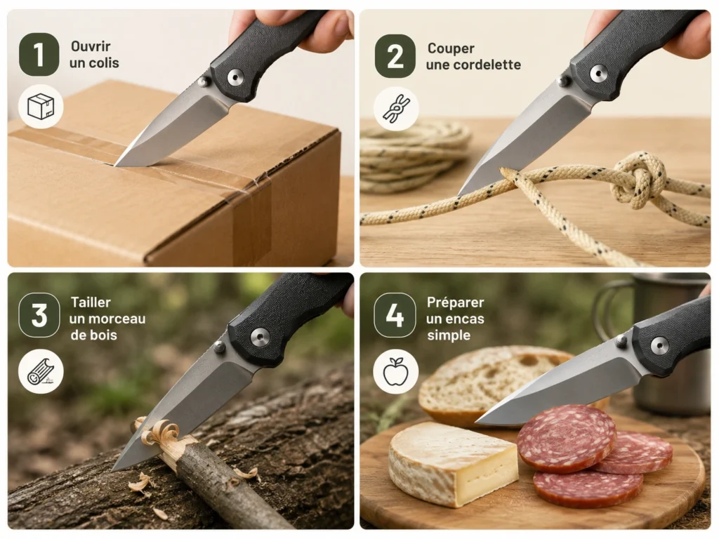 Une infographie illustrant quatre applications d'un couteau EDC avec l'ouverture d'un carton de livraison, la section d'une cordelette, la taille d'une branche de bois en extérieur et la découpe de tranches de saucisson et de fromage pour un encas