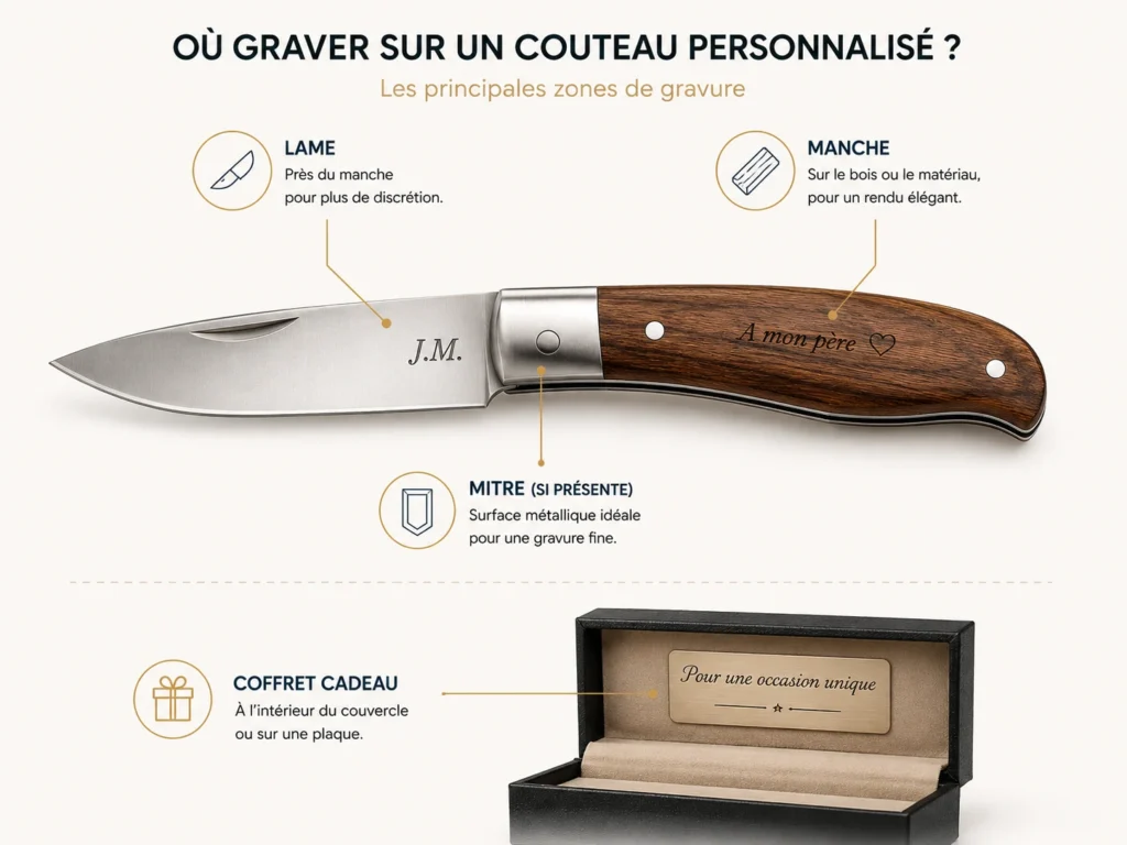 Une infographie explicative détaillant où réaliser un couteau personnalisé et gravé avec des indications sur la lame pour la discrétion le manche en bois pour l'élégance la mitre métallique pour la finesse et l'intérieur du coffret cadeau pour marquer une occasion unique